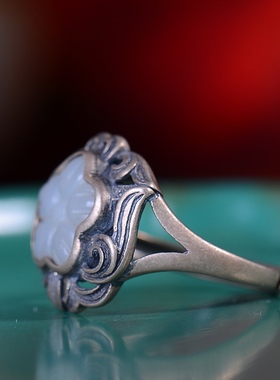 S925银镀18K金镶和田玉白玉太阳花宫廷复古戒指戒圈汉服配饰指环