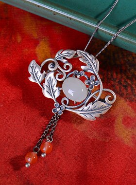 S925银镀18K金镶和田白玉胸针珐琅宫廷复古吊坠汉服配饰玉坠项链