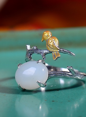 S925银镀18K金镶和田玉白玉蛋面女宫廷复古戒指戒圈汉服配饰指环