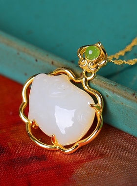 S925银镀18K金镶和田玉发财猪珐琅宫廷复古吊坠汉服配饰玉坠项链