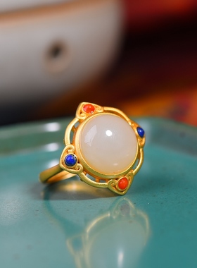 S925银镀18K金镶和田玉白玉蛋面女宫廷复古戒指戒圈汉服配饰指环