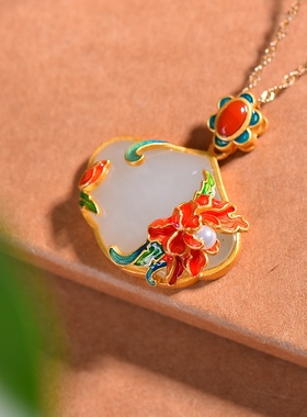 S925银镀18K金镶和田白玉多宝珐琅宫廷复古吊坠汉服配饰玉坠项链