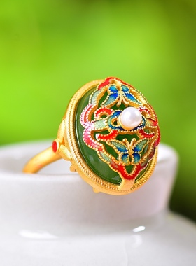 S925银镀18K金镶和田玉碧玉蛋面女宫廷复古戒指戒圈汉服配饰指环