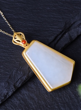 S925银镀18K金镶和田白玉梯形珐琅宫廷复古吊坠汉服配饰玉坠项链