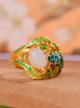 S925银镀18K金镶和田玉白玉蛋面女宫廷复古戒指戒圈汉服配饰指环