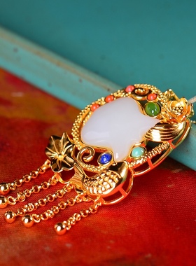 S925银镀18K金镶和田白玉遁形珐琅宫廷复古吊坠汉服配饰玉坠项链