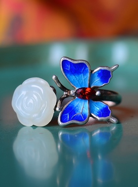 S925银镀18K金镶和田玉白玉玫瑰女宫廷复古戒指戒圈汉服配饰指环