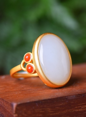 S925银镀18K金镶和田玉白玉蛋面女宫廷复古戒指戒圈汉服配饰指环