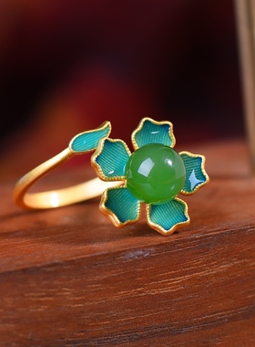 S925银镀18K金镶和田玉碧玉8厘珠宫廷复古戒指戒圈汉服配饰指环