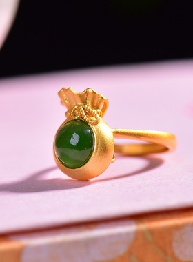 S925银镀18K金镶和田玉碧玉福袋女宫廷复古戒指戒圈汉服配饰指环