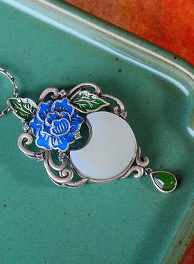 S925银镀18K金镶和田白玉月亮珐琅宫廷复古吊坠汉服配饰玉坠项链