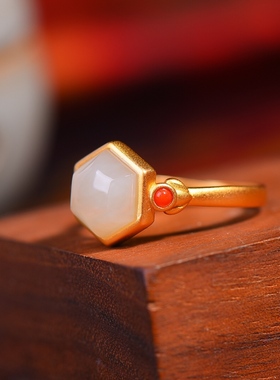 S925银镀18K金镶和田玉白玉菱形女宫廷复古戒指戒圈汉服配饰指环