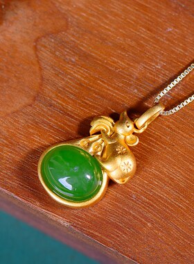 S925银镀18K金镶和田碧玉蛋面珐琅宫廷复古吊坠汉服配饰玉坠项链