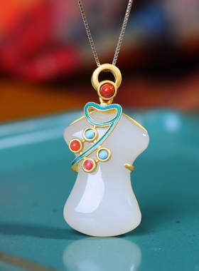 S925银镀18K金镶和田白玉旗袍珐琅宫廷复古吊坠汉服配饰玉坠项链