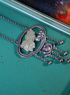 S925银镀18K金镶和田白玉金鱼珐琅宫廷复古吊坠汉服配饰玉坠项链