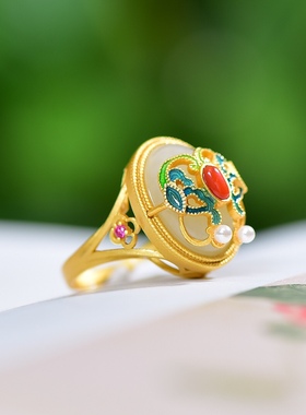 S925银镀18K金镶和田玉玉景泰蓝女珐琅复古戒指戒圈汉服配饰指环