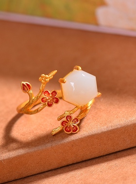 S925银镀18K金镶和田玉白玉梅花女宫廷复古戒指戒圈汉服配饰指环