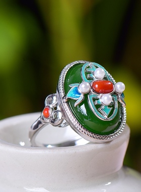 S925银镀18K金镶和田玉碧玉蛋面女宫廷复古戒指戒圈汉服配饰指环