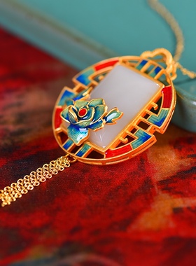 S925银镀18K金镶和田白玉方形珐琅宫廷复古吊坠汉服配饰玉坠项链