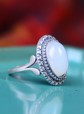 S925银镀18K金镶和田玉白玉蛋面女宫廷复古戒指戒圈汉服配饰指环