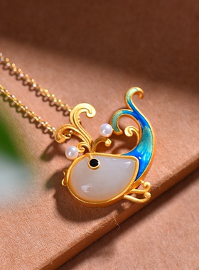 S925银镀18K金镶和田玉白玉海豚女宫廷复古吊坠汉服配饰玉坠项链