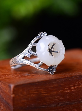 S925银镀18K金镶和田玉白玉荷花女宫廷复古戒指戒圈汉服配饰指环