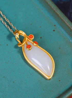 S925银镀18K金镶和田白玉柳叶珐琅宫廷复古吊坠汉服配饰玉坠项链