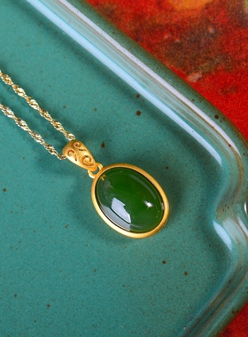 S925银镀18K金镶和田碧玉蛋面珐琅宫廷复古吊坠汉服配饰玉坠项链