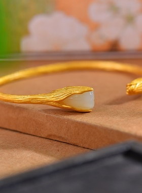 S925银镀18K金镶新疆和田白玉玉兰花宫廷复古汉服配饰手镯女士镯