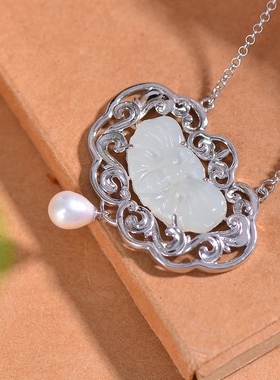 S925银镀18K金镶和田玉如意锁珐琅宫廷复古吊坠汉服配饰玉坠项链