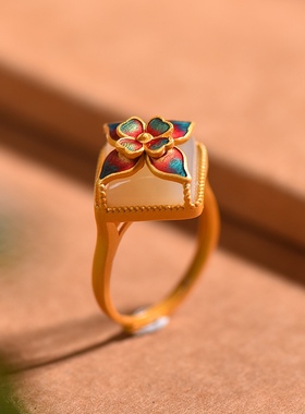 S925银镀18K金镶和田玉白玉荷花女宫廷复古戒指戒圈汉服配饰指环