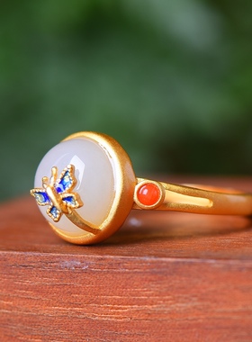 S925银镀18K金镶和田玉白玉蛋面女宫廷复古戒指戒圈汉服配饰指环