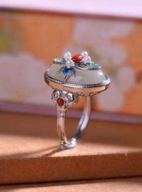 S925银镀18K金镶和田玉白玉蛋面女宫廷复古戒指戒圈汉服配饰指环