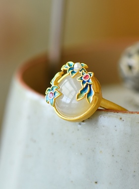 S925银镀18K金镶和田玉白玉蛋面女宫廷复古戒指戒圈汉服配饰指环