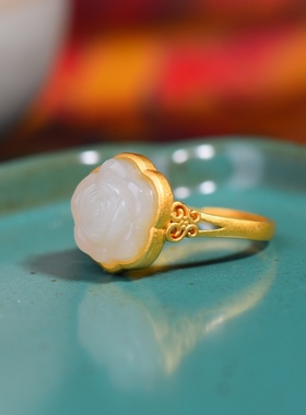 S925银镀18K金镶和田玉白玉花朵女宫廷复古戒指戒圈汉服配饰指环