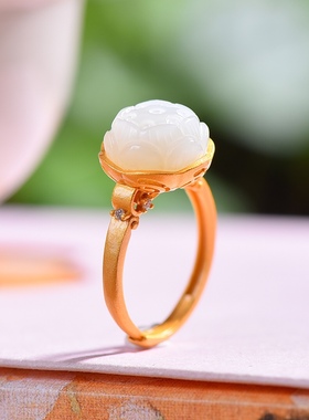 S925银镀18K金镶和田玉白玉莲蓬女宫廷复古戒指戒圈汉服配饰指环