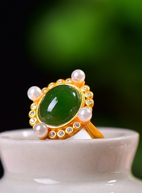 S925银镀18K金镶和田玉碧玉蛋面女宫廷复古戒指戒圈汉服配饰指环