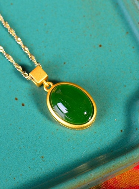 S925银镀18K金镶和田碧玉蛋面珐琅宫廷复古吊坠汉服配饰玉坠项链