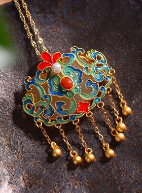 S925银镀18K金镶和田白玉如意锁珐琅女复古吊坠汉服配饰玉坠项链