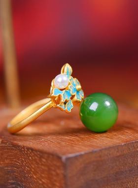 S925银镀18K金镶和田玉碧玉圆珠女宫廷复古戒指戒圈汉服配饰指环