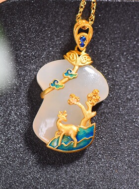 S925银镀18K金镶和田白玉旗袍珐琅宫廷复古吊坠汉服配饰玉坠项链