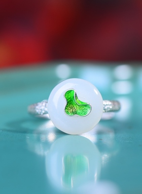 S925银镀18K金镶和田玉白玉平安扣宫廷复古戒指戒圈汉服配饰指环