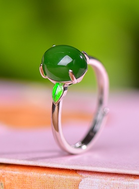 S925银镀18K金镶和田玉碧玉蛋面女宫廷复古戒指戒圈汉服配饰指环