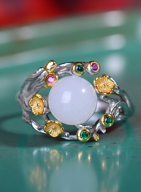 S925银镀18K金镶和田玉白玉圆珠女宫廷复古戒指戒圈汉服配饰指环