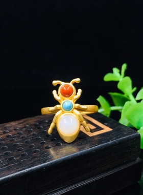 S925银镀18K金镶和田玉白玉蛋面女宫廷复古戒指戒圈汉服配饰指环