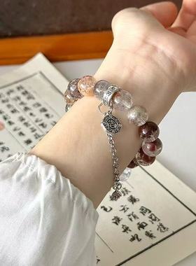 【疏影】天然水晶黑碧玺白水晶手链四季幽灵水晶手串彩幽灵招财