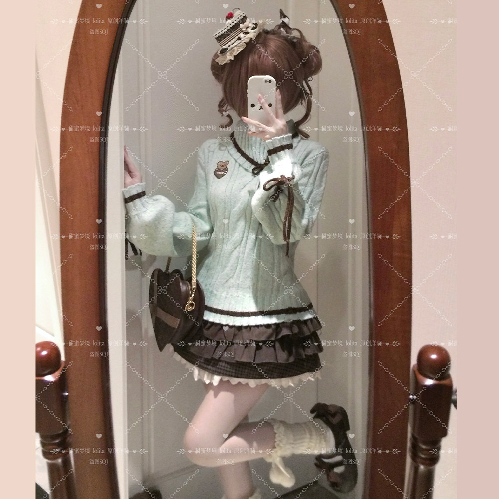 薄巧小熊毛衣套装薄荷巧克力短裙小熊刺绣秋冬甜蜜梦境两件套 - 图3