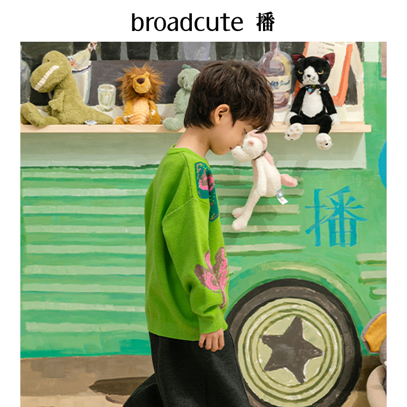 播broadcute童装冬男童提花套头针织衫女童长袖圆领时髦儿童毛衣