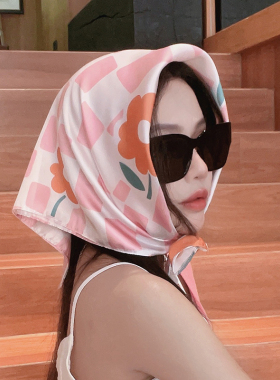粉色格子丝巾女方巾抹胸腰带头巾