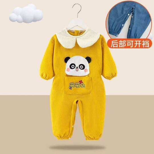 宝宝灯芯绒透气连体衣小孩外穿一体式围裙爬爬衣户外爬行开档罩衣